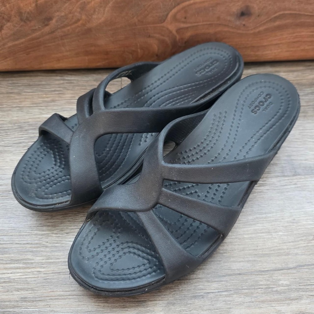 Crocs Sanrah Strappy Wedge Sandals Black Slide 204010 Womens Size 6